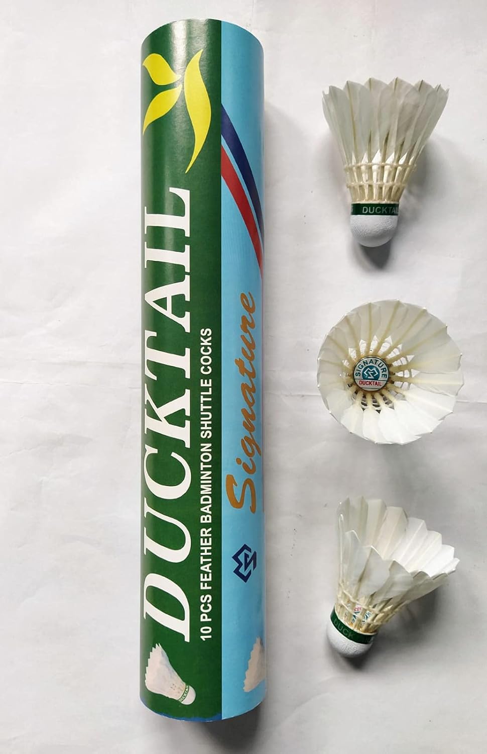 DUCKTAIL Signature - Feather Badminton Shuttlecock - Speed 76 - Cork Bottom - Tournament Grade - Durable White (Pack of 10 in A Box)