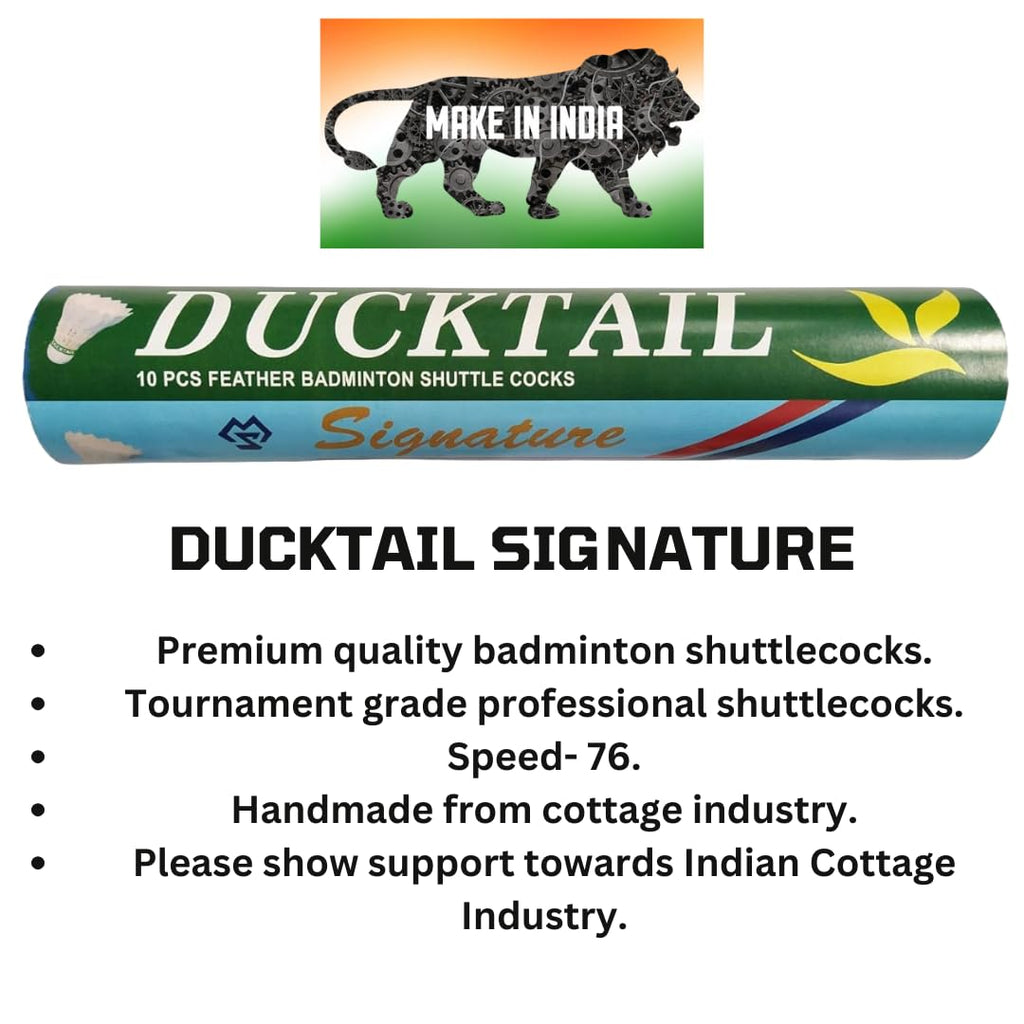 DUCKTAIL Signature - Feather Badminton Shuttlecock - Speed 76 - Cork Bottom - Tournament Grade - Durable White (Pack of 10 in A Box)