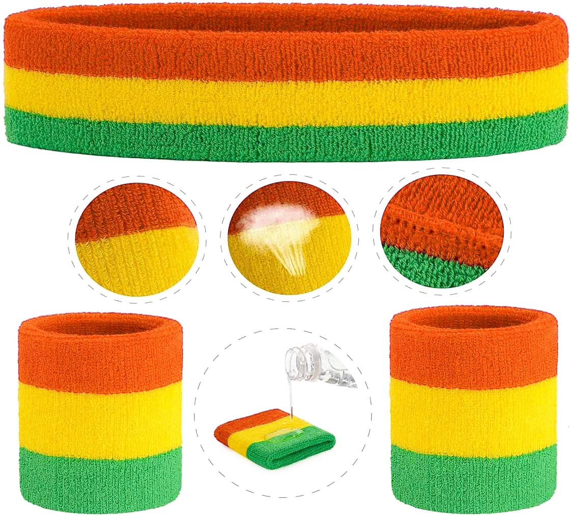 Toyshine Cotton 3 Pieces Sweatbands Set, Includes Sports Headband And Wrist Sweatbands Striped Sweat Band For Athletic Men And Women - Orange Yellow Green