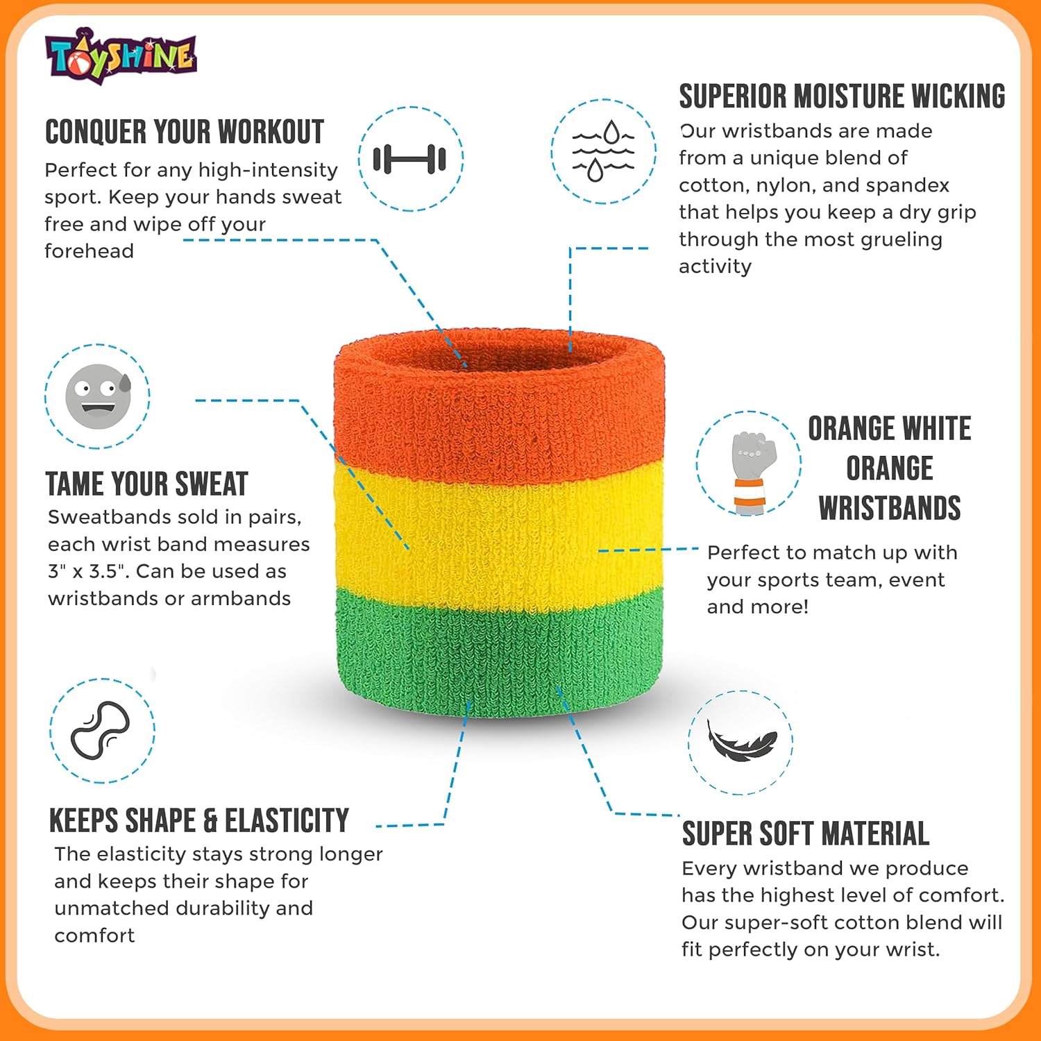 Toyshine Cotton 3 Pieces Sweatbands Set, Includes Sports Headband And Wrist Sweatbands Striped Sweat Band For Athletic Men And Women - Orange Yellow Green