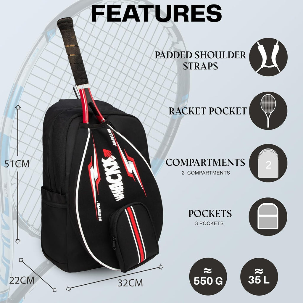 WHACKK DropShot Black 32L Tennis Badminton Pickelball Squash Equipment Kit Bag | Unisex Lightwieght Backpack