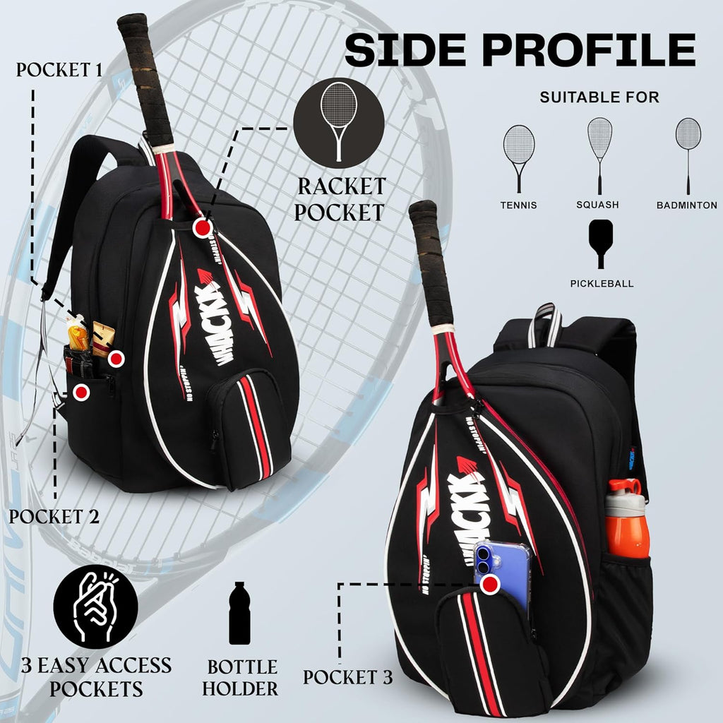 WHACKK DropShot Black 32L Tennis Badminton Pickelball Squash Equipment Kit Bag | Unisex Lightwieght Backpack