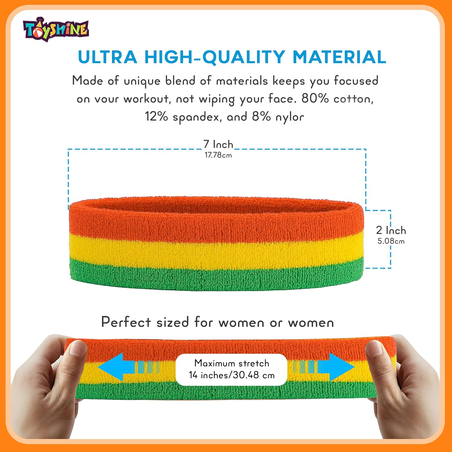 Toyshine Cotton 3 Pieces Sweatbands Set, Includes Sports Headband And Wrist Sweatbands Striped Sweat Band For Athletic Men And Women - Orange Yellow Green