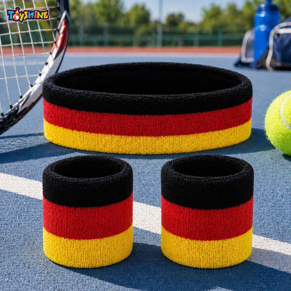 Toyshine Cotton 3 Pieces Sweatbands Set, Includes Sports Headband And Wrist Sweatbands Striped Sweat Band For Athletic Men And Women - Orange Yellow Green