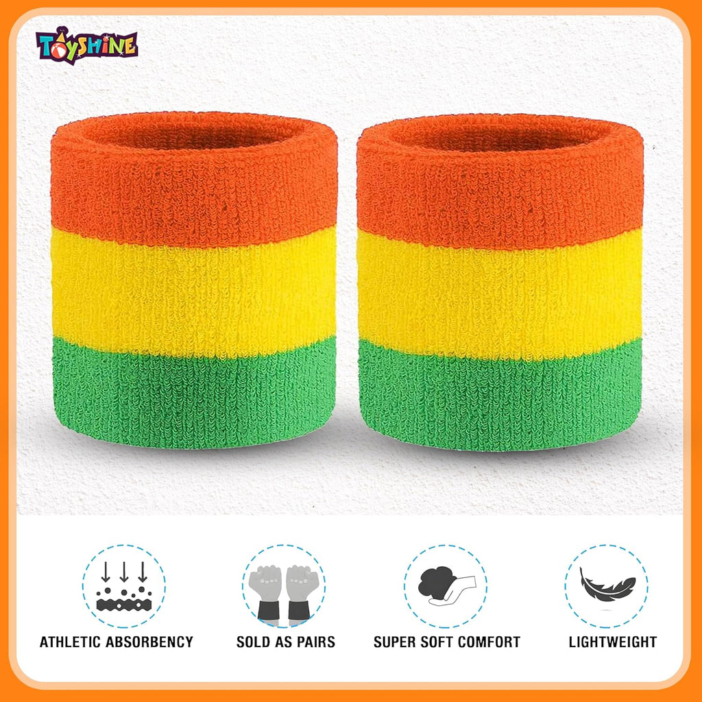 Toyshine Cotton 3 Pieces Sweatbands Set, Includes Sports Headband And Wrist Sweatbands Striped Sweat Band For Athletic Men And Women - Orange Yellow Green