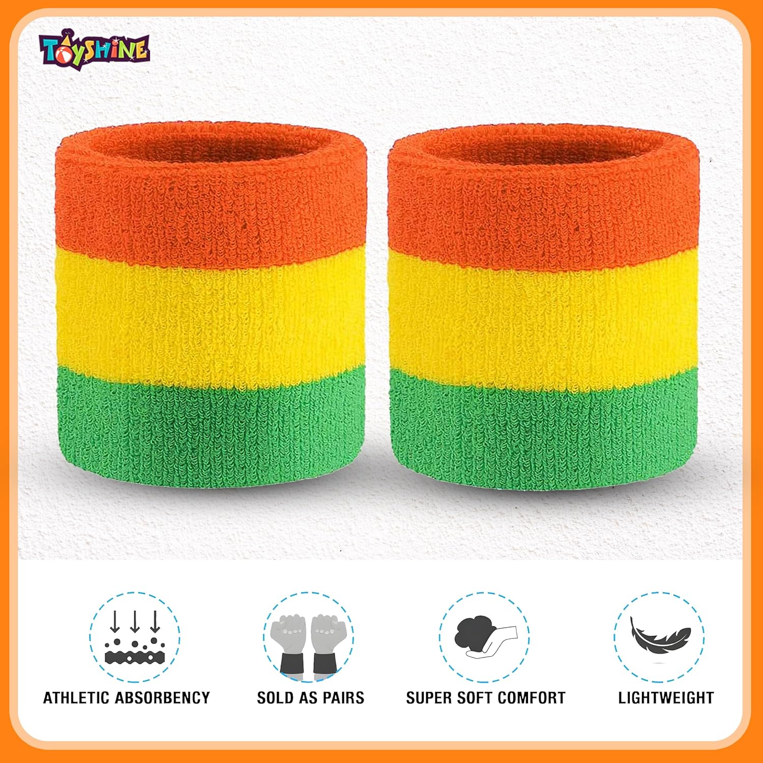 Toyshine Cotton 3 Pieces Sweatbands Set, Includes Sports Headband And Wrist Sweatbands Striped Sweat Band For Athletic Men And Women - Orange Yellow Green
