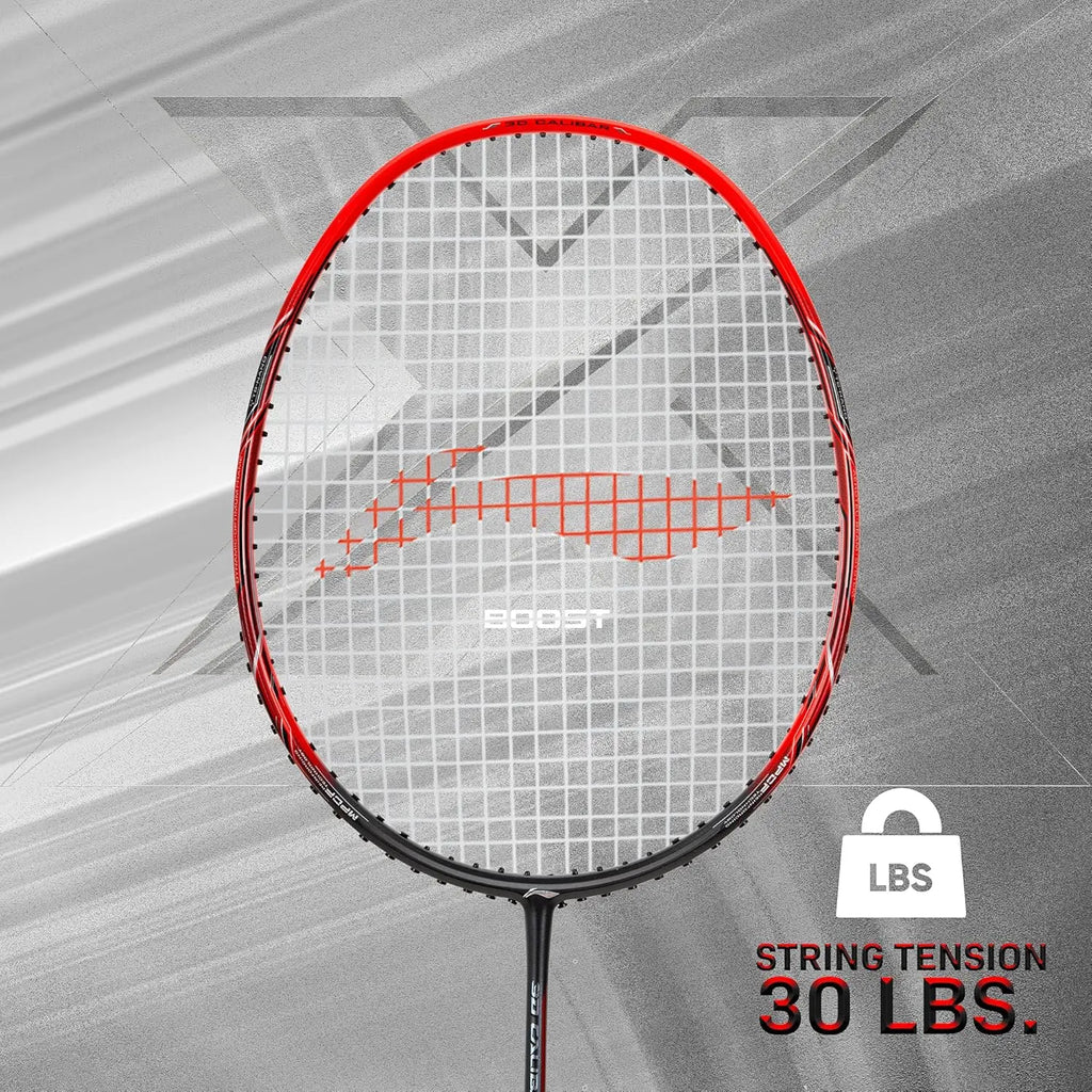 Li-Ning 3D Calibar X Boost Carbon Graphite Strung Badminton Racquets, 83 Grams, 30 Lbs String Tension and Free Full Cover(Dark Grey/Red) DeviStore