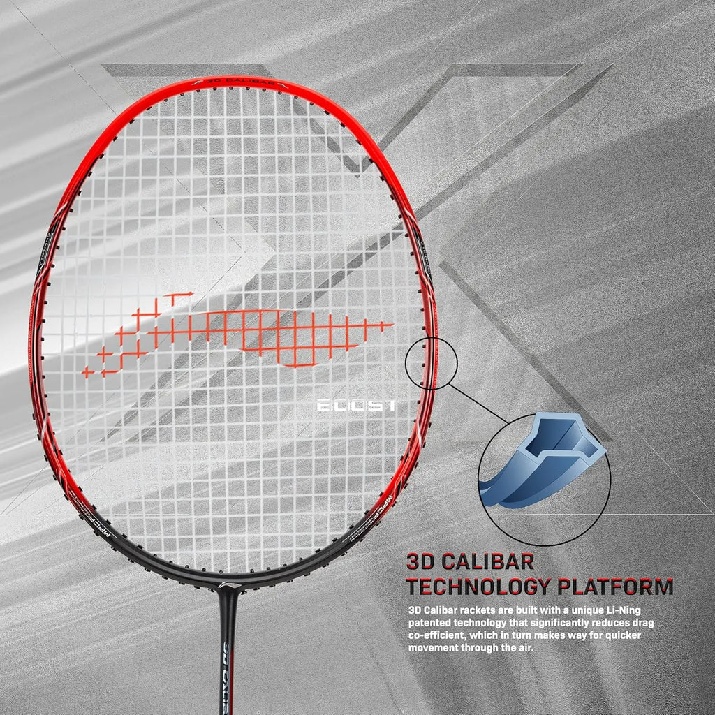 Li-Ning 3D Calibar X Boost Carbon Graphite Strung Badminton Racquets, 83 Grams, 30 Lbs String Tension and Free Full Cover(Dark Grey/Red) DeviStore