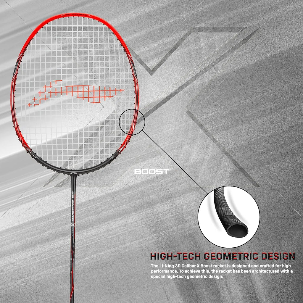 Li-Ning 3D Calibar X Boost Carbon Graphite Strung Badminton Racquets, 83 Grams, 30 Lbs String Tension and Free Full Cover(Dark Grey/Red) DeviStore