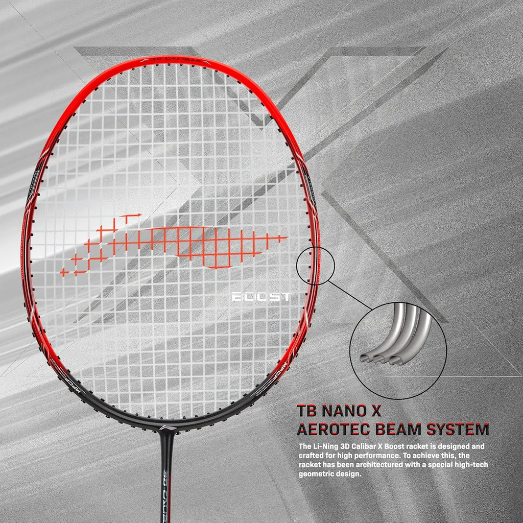 Li-Ning 3D Calibar X Boost Carbon Graphite Strung Badminton Racquets, 83 Grams, 30 Lbs String Tension and Free Full Cover(Dark Grey/Red) DeviStore